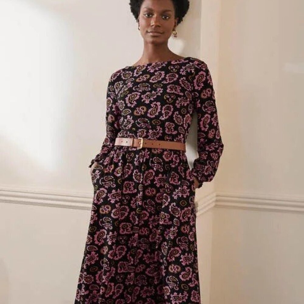 BODEN Evelyn Jersey Midi Dress Azalea Paisley Pink Black 12
